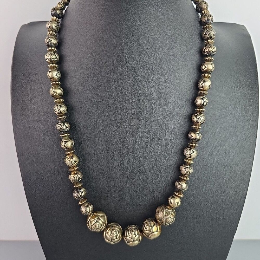 Vintage Rose Bud Design Necklace Antique Gold Tone Metal Graduated Beads 19 inch